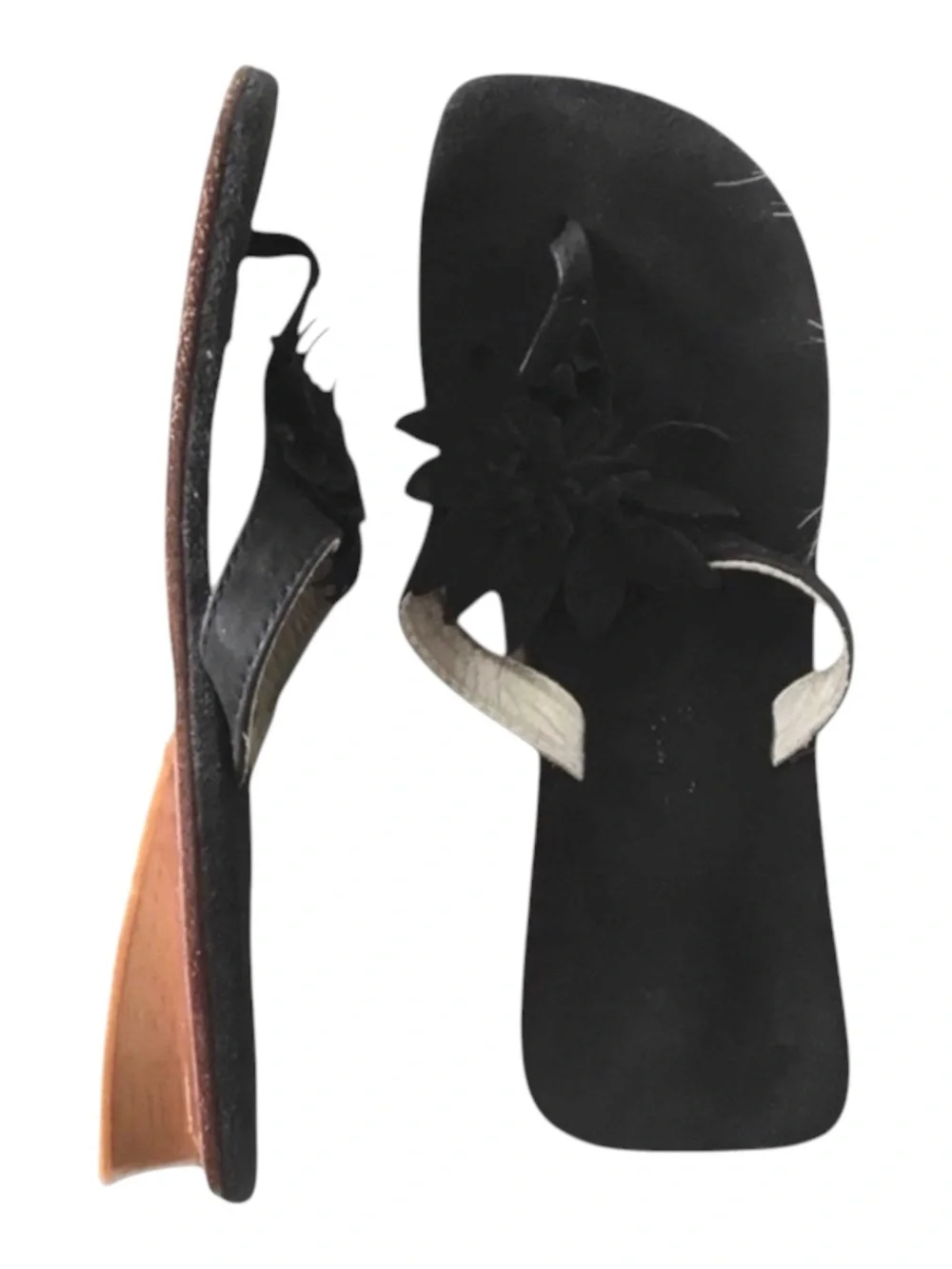 Nordstrom 𑁍 Girl’s Suede 3D Flower Thong Wood Wedge Sandals 𑁍 Black 𑁍 11.5 29 EU